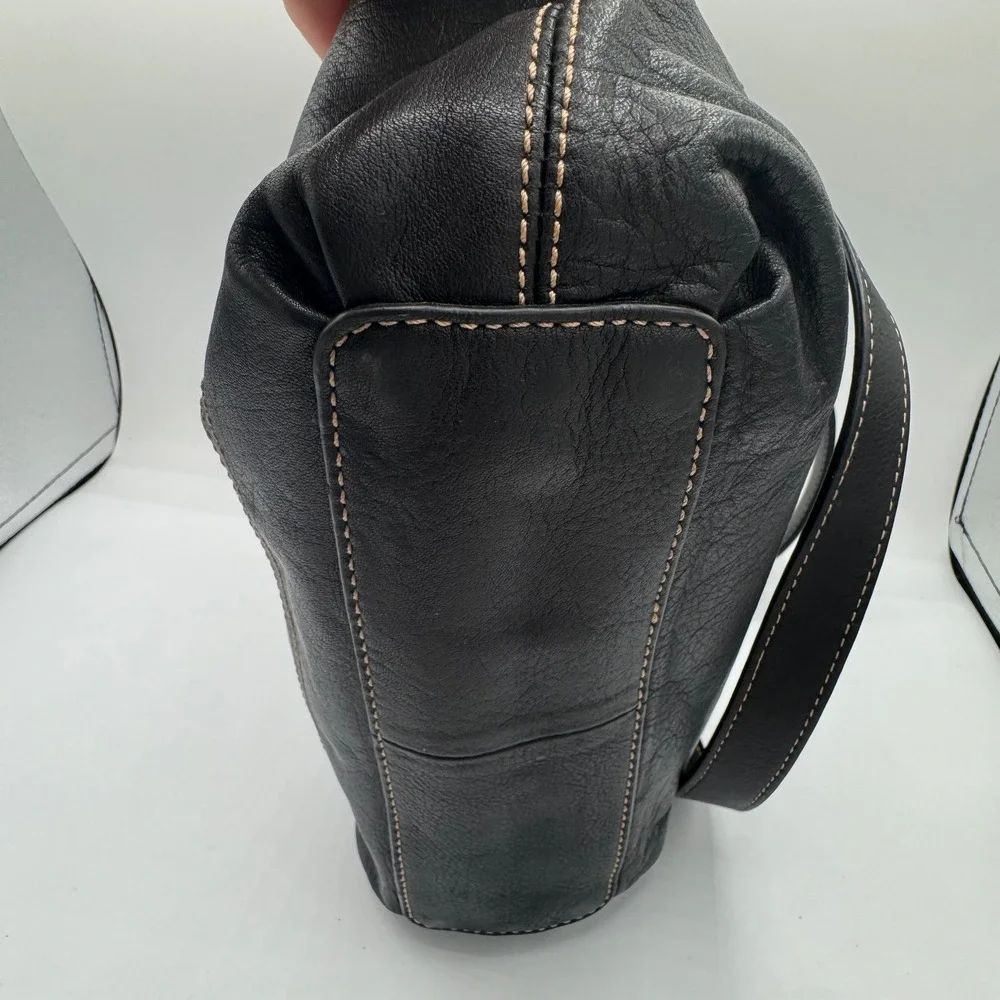 Fossil Black Pebbled Leather Shoulder Bag Contrast Stitch Hobo Purse ZB9384